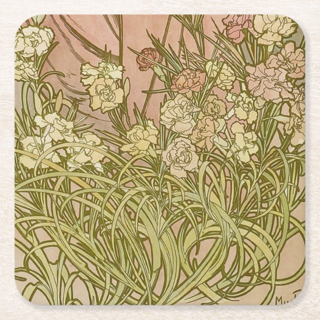 Art Nouveau Alfonse Mucha Floral carnation flowers Square Paper Coaster (Front)
