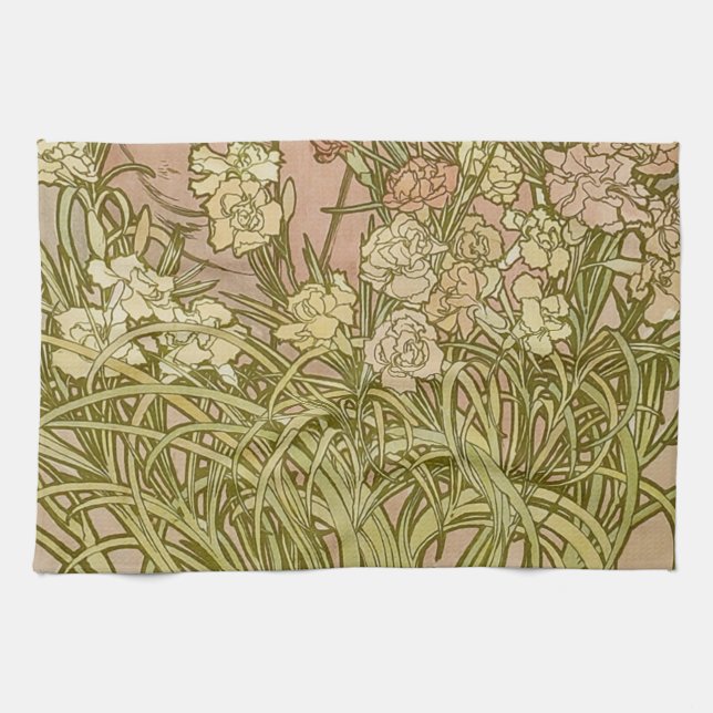 Art Nouveau Alfonse Mucha Floral carnation flowers Tea Towel (Horizontal)
