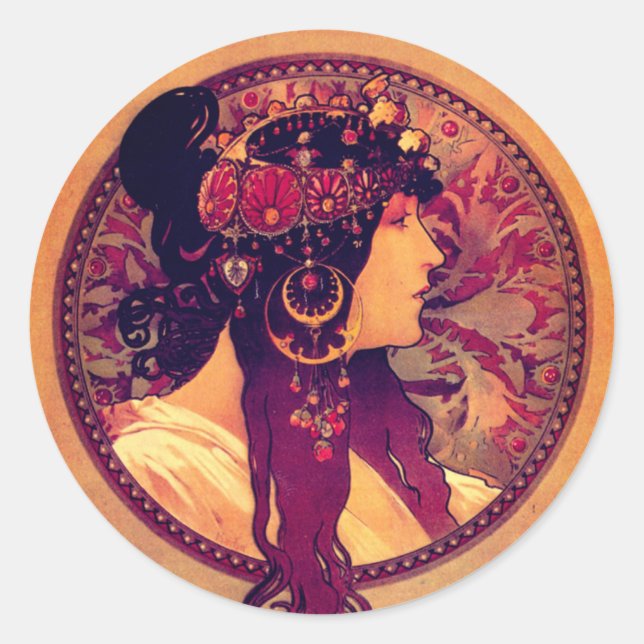 Art nouveau Alphonse Mucha Donna elegant woman Classic Round Sticker (Front)