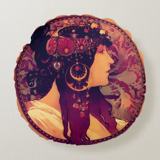 Art nouveau Alphonse Mucha Donna Orechini elegant  Round Cushion (Front)