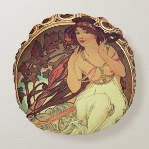 Art nouveau Alphonse Mucha elegant vintage woman Round Cushion