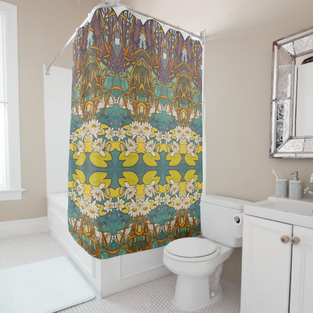 Art nouveau Alphonse mucha flower pond dragonfly Shower Curtain (In Situ)