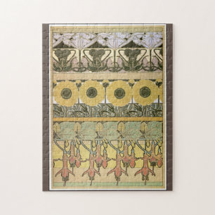 Art nouveau alphonse mucha fuschia sunflower flora jigsaw puzzle