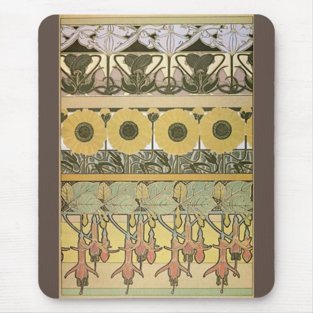 Art nouveau alphonse mucha fuschia sunflower flora mouse mat (Front)