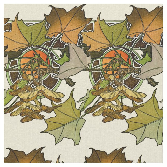 Art Nouveau Alphonse Mucha Maple Leaves Pattern Fabric (Close Up)