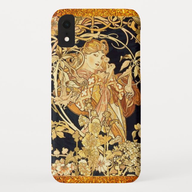 Art nouveau alphonse mucha woman floral gold black Case-Mate iPhone case (Back)