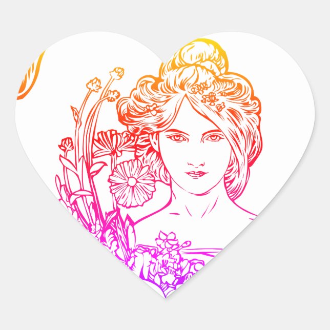 Art nouveau Alphonse Mucha woman with flowers  Heart Sticker (Front)