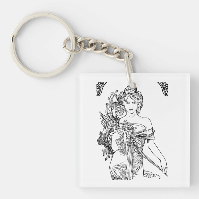 Art nouveau Alphonse Mucha woman with flowers  Key Ring (Front)