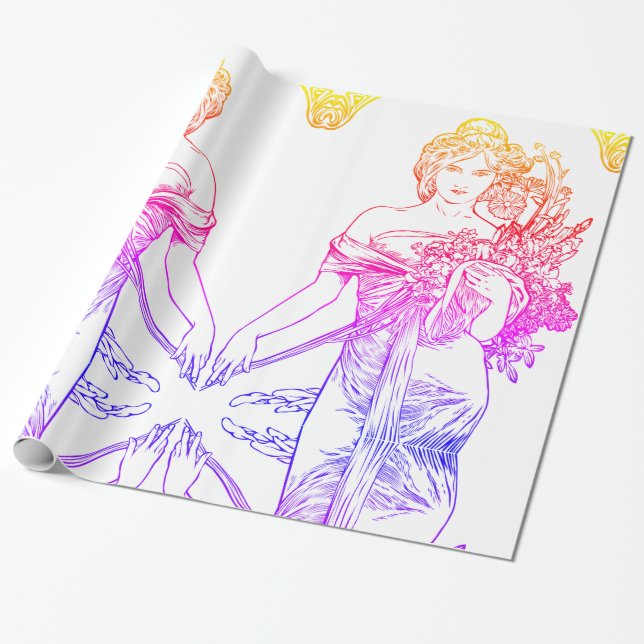 Art nouveau Alphonse Mucha woman with flowers  Wrapping Paper (Unrolled)