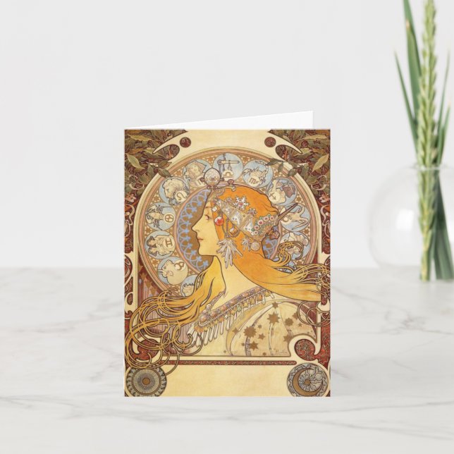 Art Nouveau Alphonse Mucha Zodiac Note Card (Front)