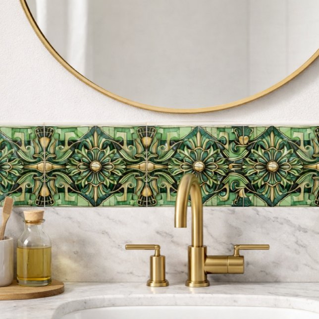 Art Nouveau /Art Deco Backsplash Gold Green  Tile (Emerald and gold Art Deco tile adds instant elegance perfect for bathroom accents, and DIY projects)