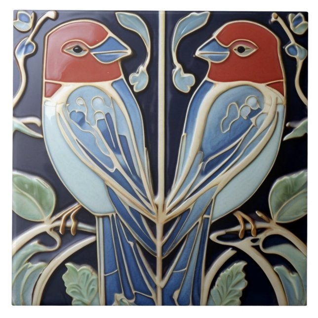 Art Nouveau Art Deco Birds - Red Blue Parrot Tile (Front)