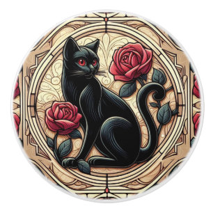 Art Nouveau Art Deco Black Cat Ceramic Knob