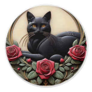 Art Nouveau Art Deco Black Cat Ceramic Knob