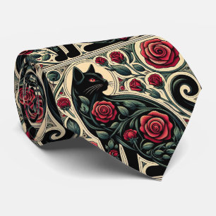 Art Nouveau Art Deco Black Cat with Red Roses Tie