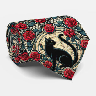 Art Nouveau Art Deco Black Cat with Red Roses Tie