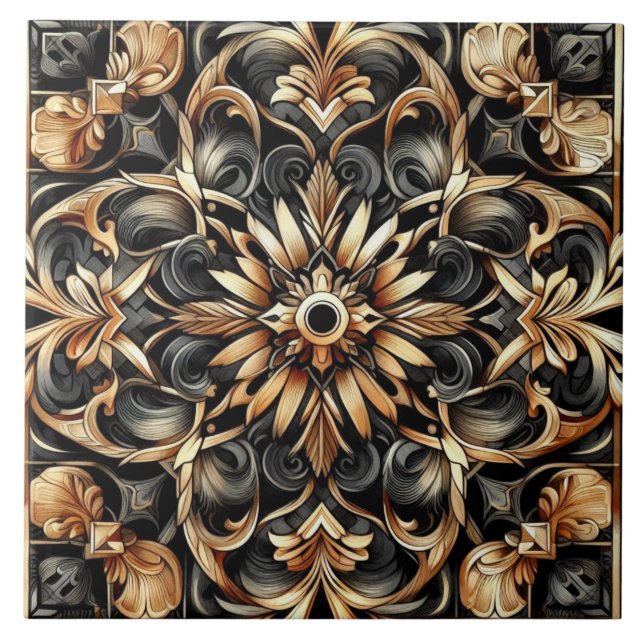 Art Nouveau / Art Deco Elegant  Black and Gold  Tile (Front)
