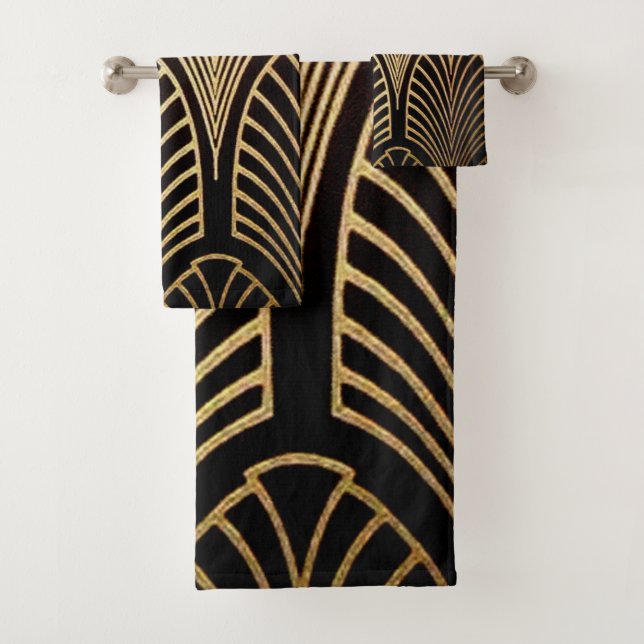 Art nouveau, art deco, fan pattern, bronze,gold,bl bath towel set (Insitu)