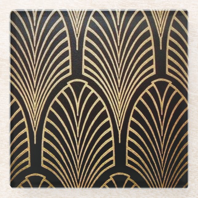 Art nouveau, art deco, fan pattern, bronze,gold,bl glass coaster (Front)