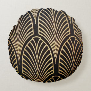 Art nouveau, art deco, fan pattern, bronze,gold,bl round cushion