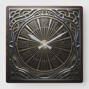 Art Nouveau Art Deco Luxury Black Gold and Silver Square Wall Clock