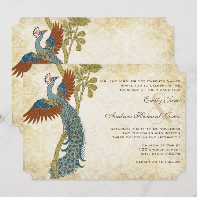 Art Nouveau Art Deco Peacock Birds Wedding Invitation (Front/Back)