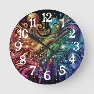 Art Nouveau Art Deco Rainbow Circuit Board Round Clock