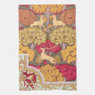 Art nouveau autumn deer in trees Verneuil fall Tea Towel