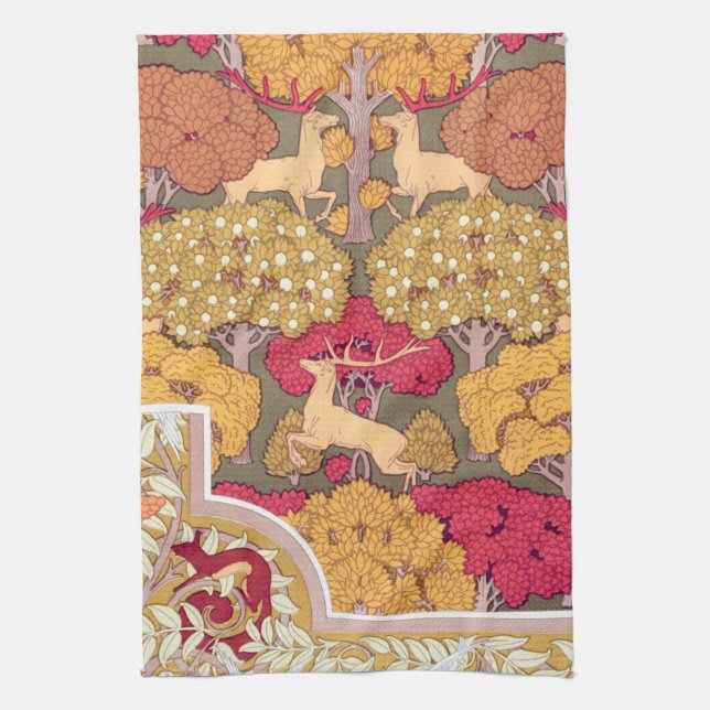 Art nouveau autumn deer in trees Verneuil fall Tea Towel (Vertical)