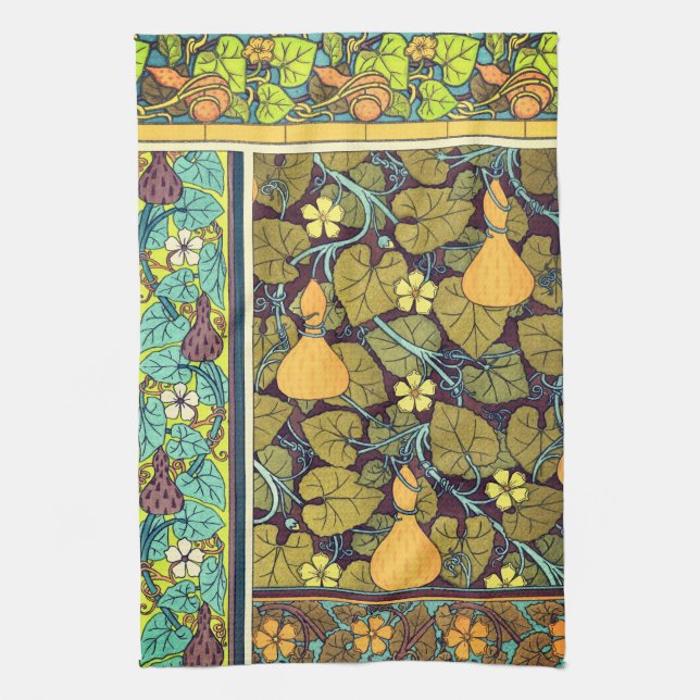 Art nouveau autumn floral elegant gourd purple  tea towel (Vertical)