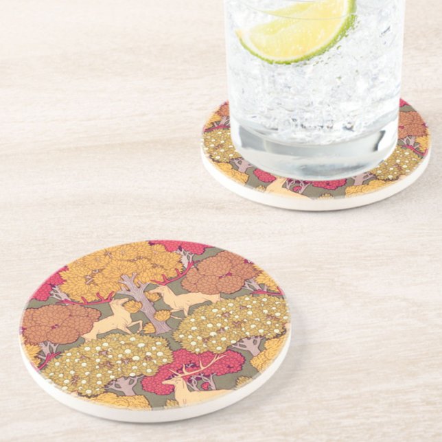 Art nouveau autumn maple tree deer fall Verneuil  Coaster (Creator Uploaded)