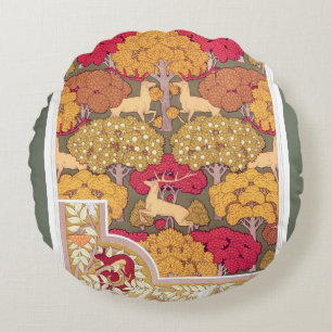 Art nouveau autumn trees and deer Vintage fall Round Cushion