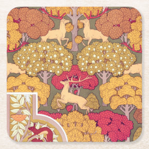 Art nouveau autumn trees and deer Vintage fall Square Paper Coaster