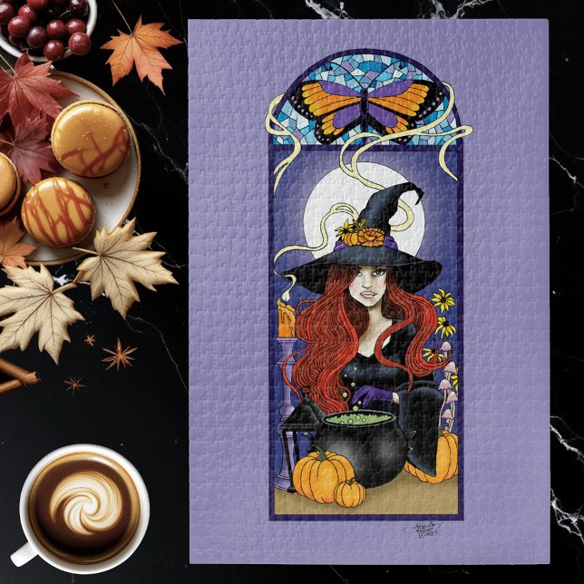 Art Nouveau Autumn Witch Pumpkins Purple Moon Jigsaw Puzzle (Creator Uploaded)