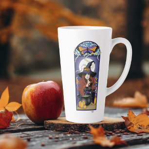 Art Nouveau Autumn Witch Pumpkins Purple Moon Latte Mug