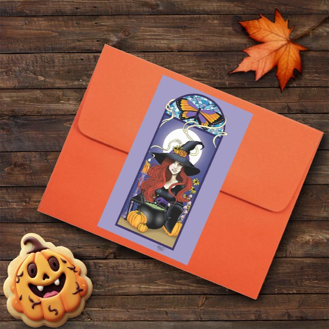 Art Nouveau Autumn Witch Pumpkins Purple Moon Rectangular Sticker (Creator Uploaded)