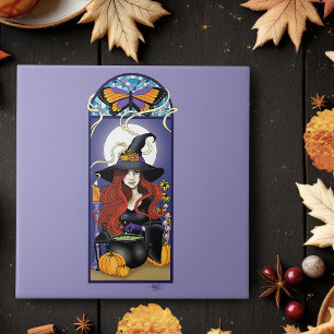 Art Nouveau Autumn Witch Pumpkins Purple Moon Tile