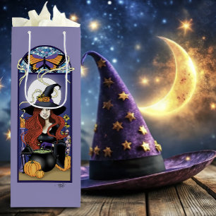 Art Nouveau Autumn Witch Pumpkins Purple Moon Wine Gift Bag