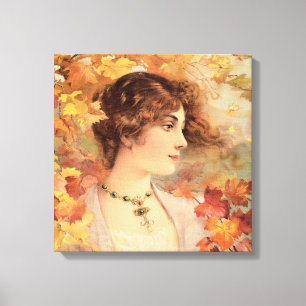 Art Nouveau Autumn Woman Golden Foliage Print