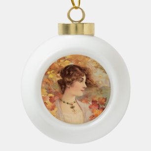 Art Nouveau Autumn Woman Golden Foliage Print Ceramic Ball Christmas Ornament
