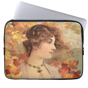 Art Nouveau Autumn Woman Golden Foliage Print Laptop Sleeve