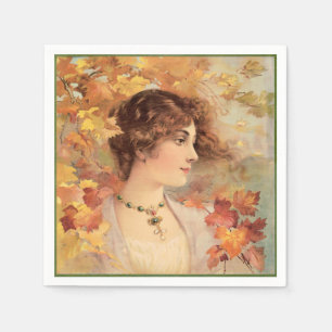 Art Nouveau Autumn Woman Golden Foliage Print Napkin