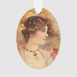 Art Nouveau Autumn Woman Golden Foliage Print Ornament
