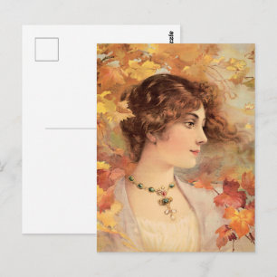 Art Nouveau Autumn Woman Golden Foliage Print Postcard
