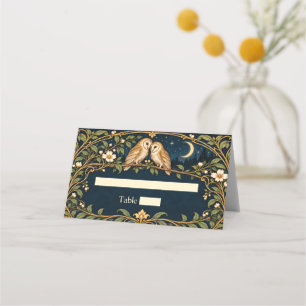 Art Nouveau Barn Owl Moonlit Navy Gold Wedding Place Card