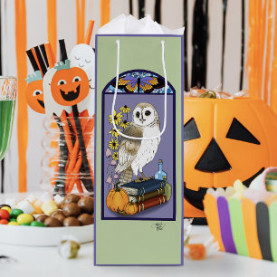 Art Nouveau Barn Owl Pumpkins Vintage Books Autumn Wine Gift Bag