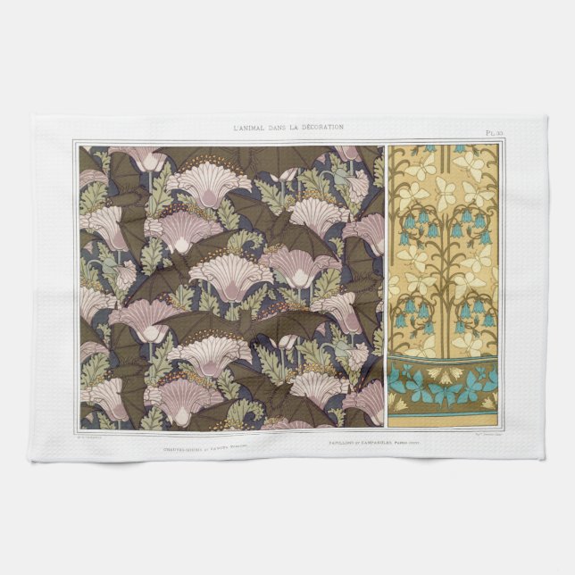 Art nouveau bats and campanulas floral textile art tea towel (Horizontal)