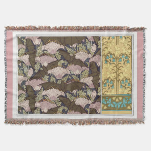 Art nouveau bats and campanulas floral textile art throw blanket