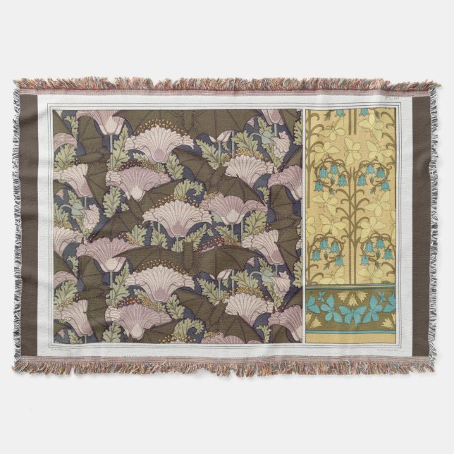 Art nouveau bats and campanulas floral textile art throw blanket (Front)
