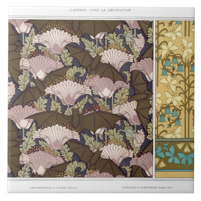 Art nouveau bats and campanulas floral textile art tile (Front)
